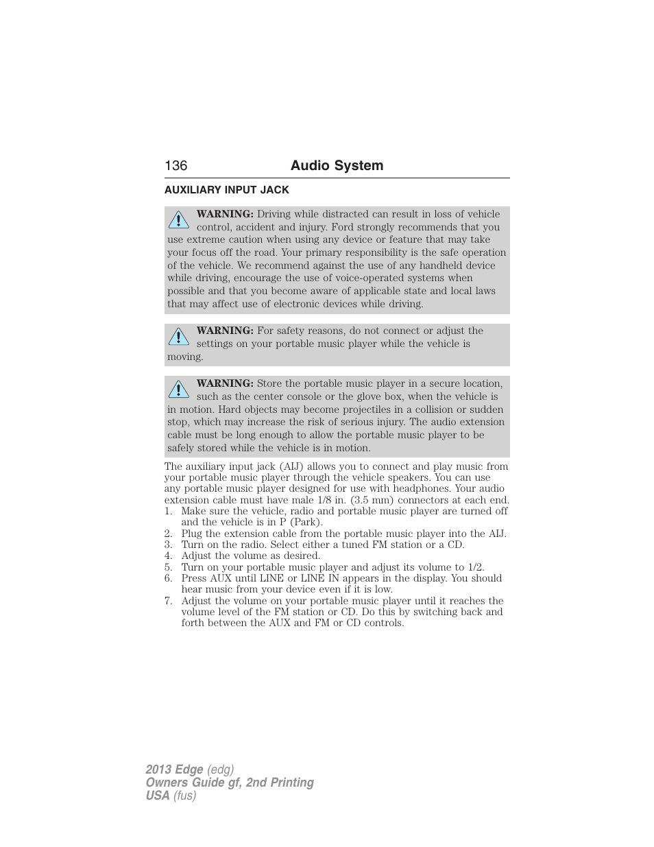 Auxiliary input jack, 136 audio system | FORD 2013 Edge v.2 User Manual | Page 136 / 513