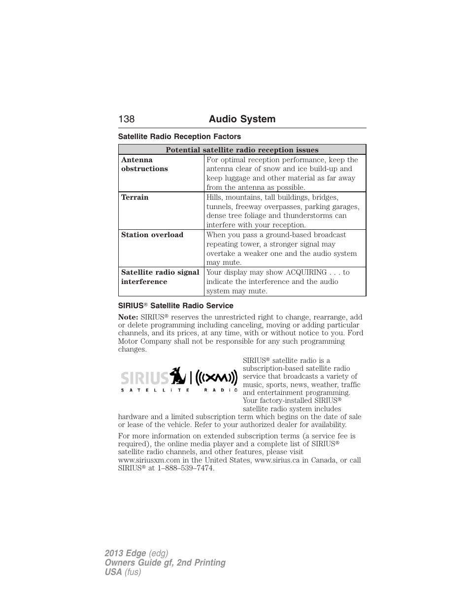 Satellite radio reception factors, Sirius? satellite radio service, 138 audio system | FORD 2013 Edge v.2 User Manual | Page 138 / 513