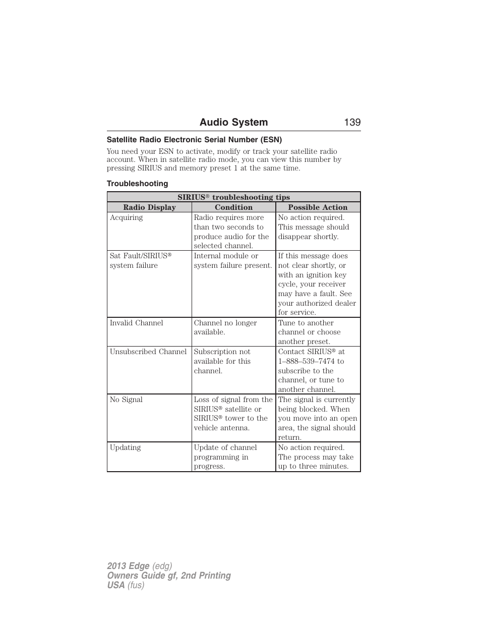 Satellite radio electronic serial number (esn), Troubleshooting, Audio system 139 | FORD 2013 Edge v.2 User Manual | Page 139 / 513