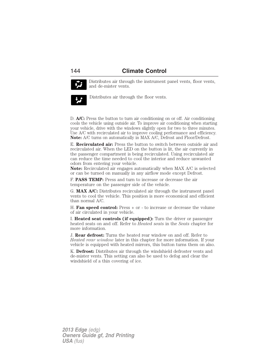 144 climate control | FORD 2013 Edge v.2 User Manual | Page 144 / 513