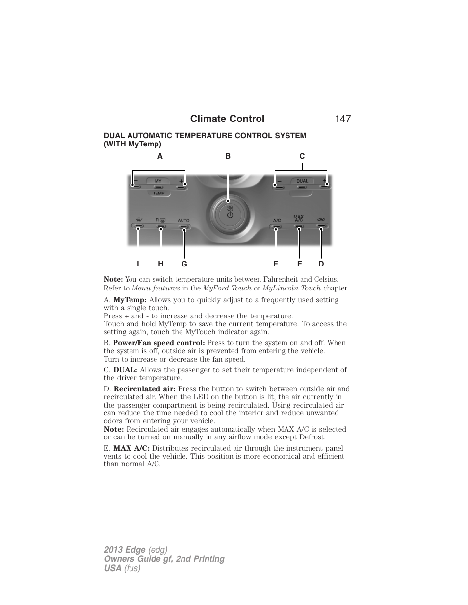 Climate control 147 | FORD 2013 Edge v.2 User Manual | Page 147 / 513