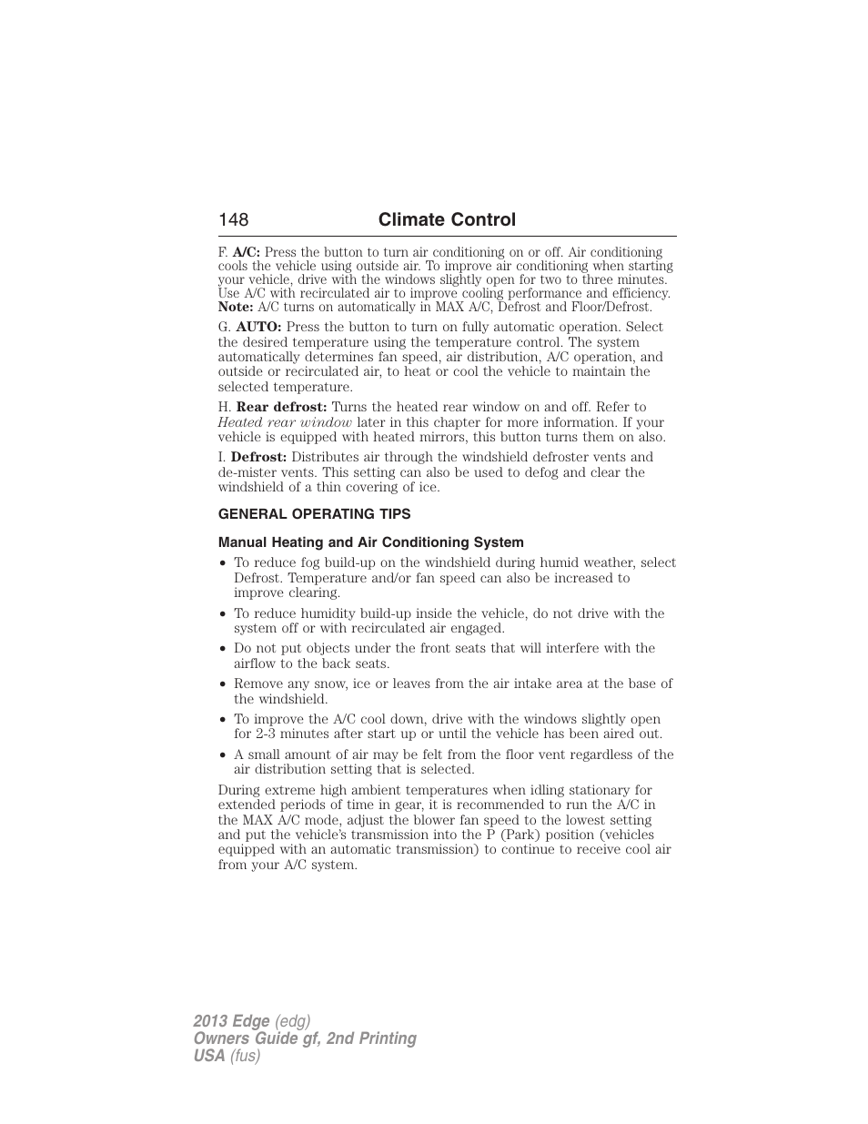 General operating tips, Manual heating and air conditioning system, 148 climate control | FORD 2013 Edge v.2 User Manual | Page 148 / 513