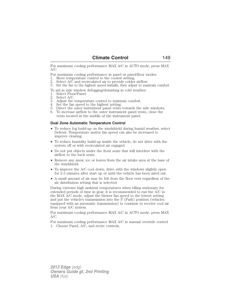 Dual zone automatic temperature control, Climate control 149 | FORD 2013 Edge v.2 User Manual | Page 149 / 513
