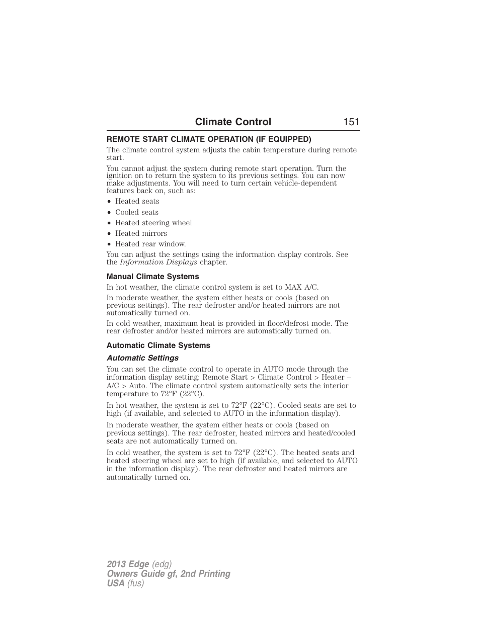 Remote start climate operation (if equipped), Manual climate systems, Automatic climate systems | Automatic settings, Climate control 151 | FORD 2013 Edge v.2 User Manual | Page 151 / 513