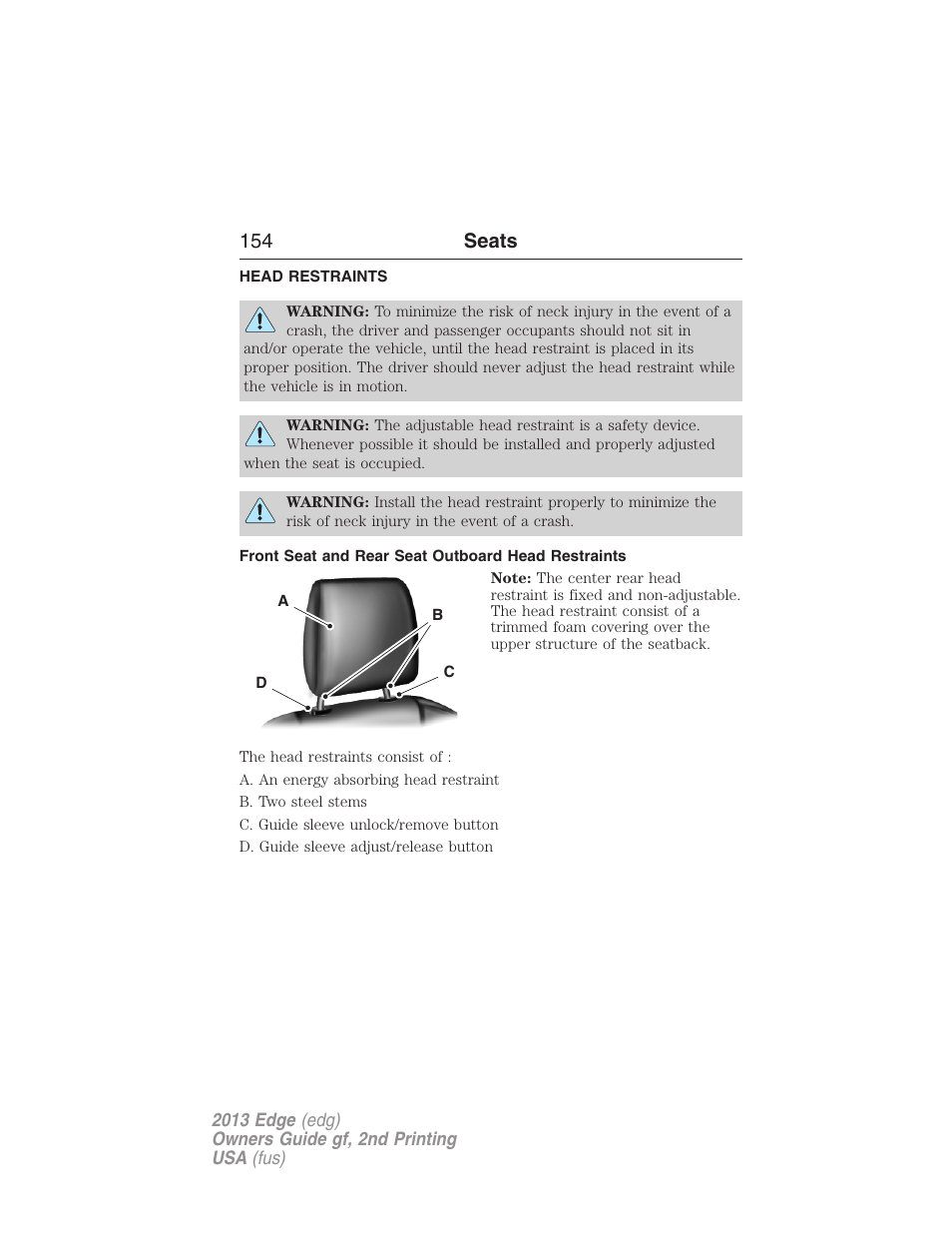 Head restraints, Front seat and rear seat outboard head restraints, 154 seats | FORD 2013 Edge v.2 User Manual | Page 154 / 513