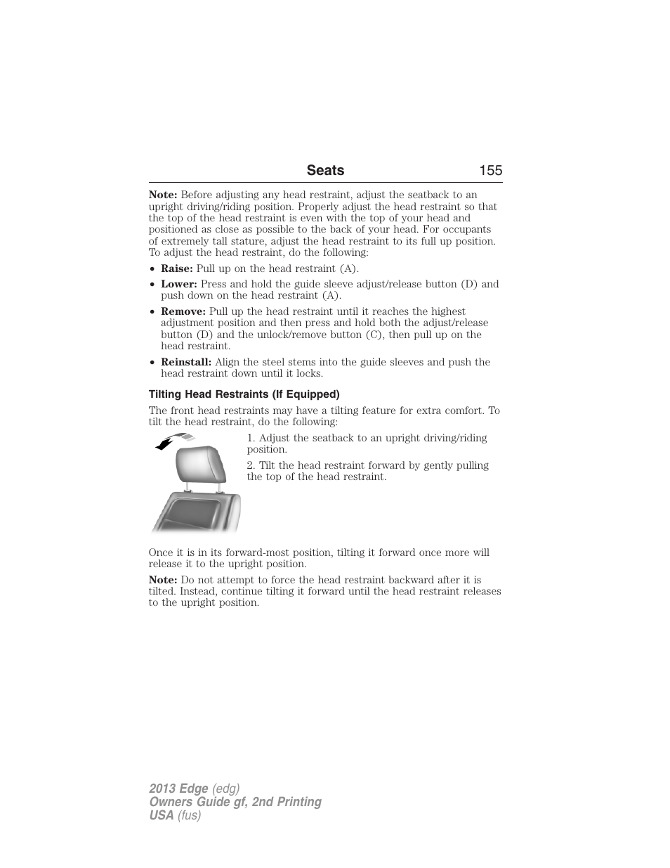 Tilting head restraints (if equipped), Seats 155 | FORD 2013 Edge v.2 User Manual | Page 155 / 513