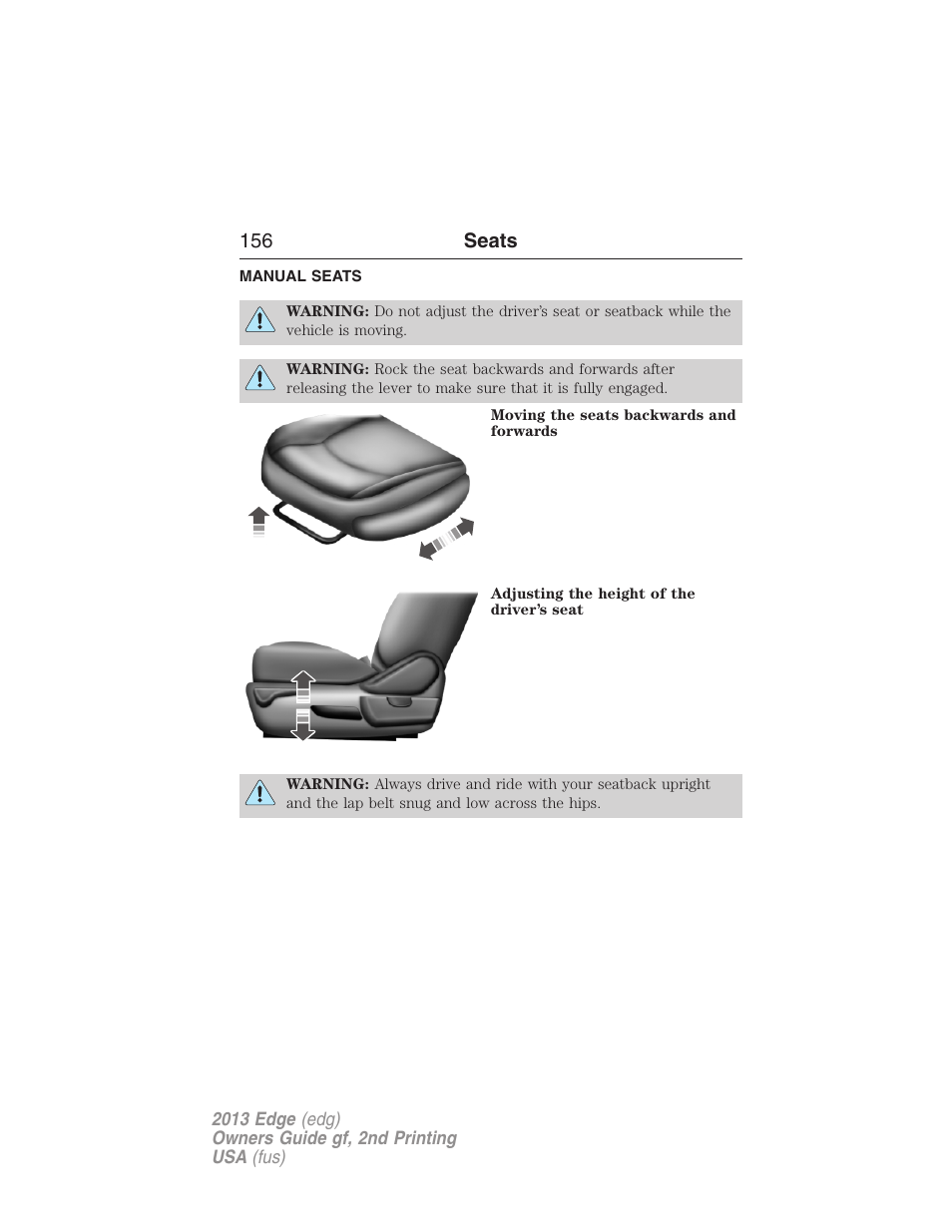 Manual seats, Front manual seats, 156 seats | FORD 2013 Edge v.2 User Manual | Page 156 / 513