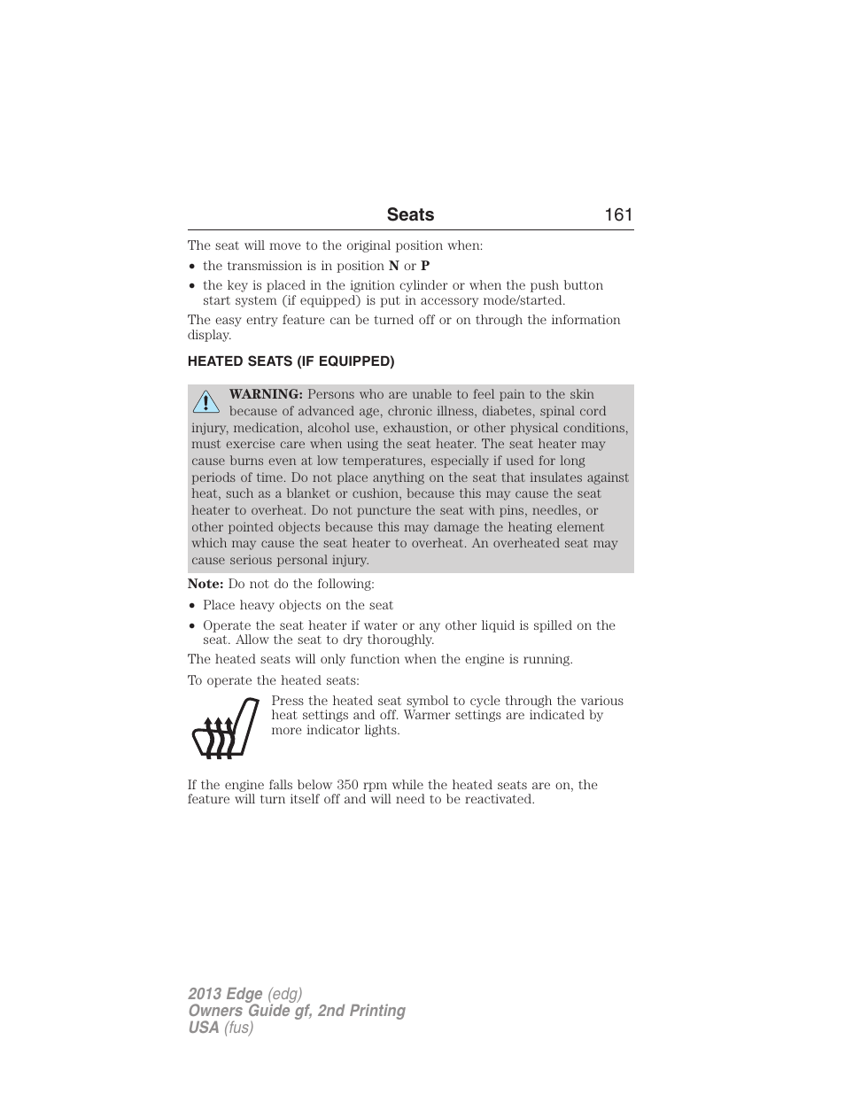 Heated seats (if equipped), Heated seats, Seats 161 | FORD 2013 Edge v.2 User Manual | Page 161 / 513