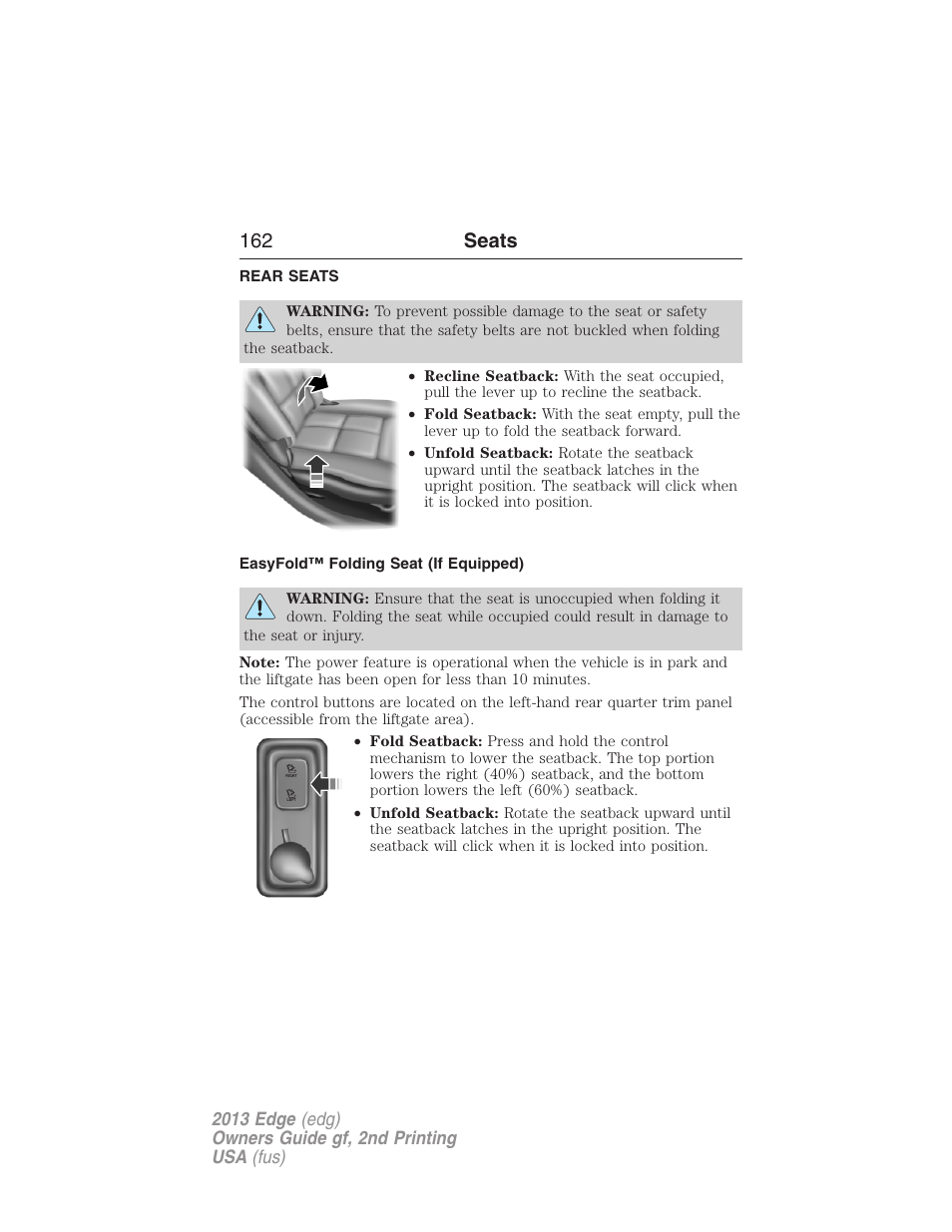 Rear seats, Easyfold™ folding seat (if equipped), 162 seats | FORD 2013 Edge v.2 User Manual | Page 162 / 513