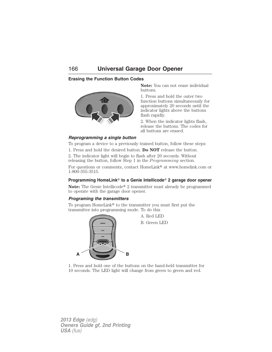 Erasing the function button codes, Reprogramming a single button, Programing the transmitters | 166 universal garage door opener | FORD 2013 Edge v.2 User Manual | Page 166 / 513