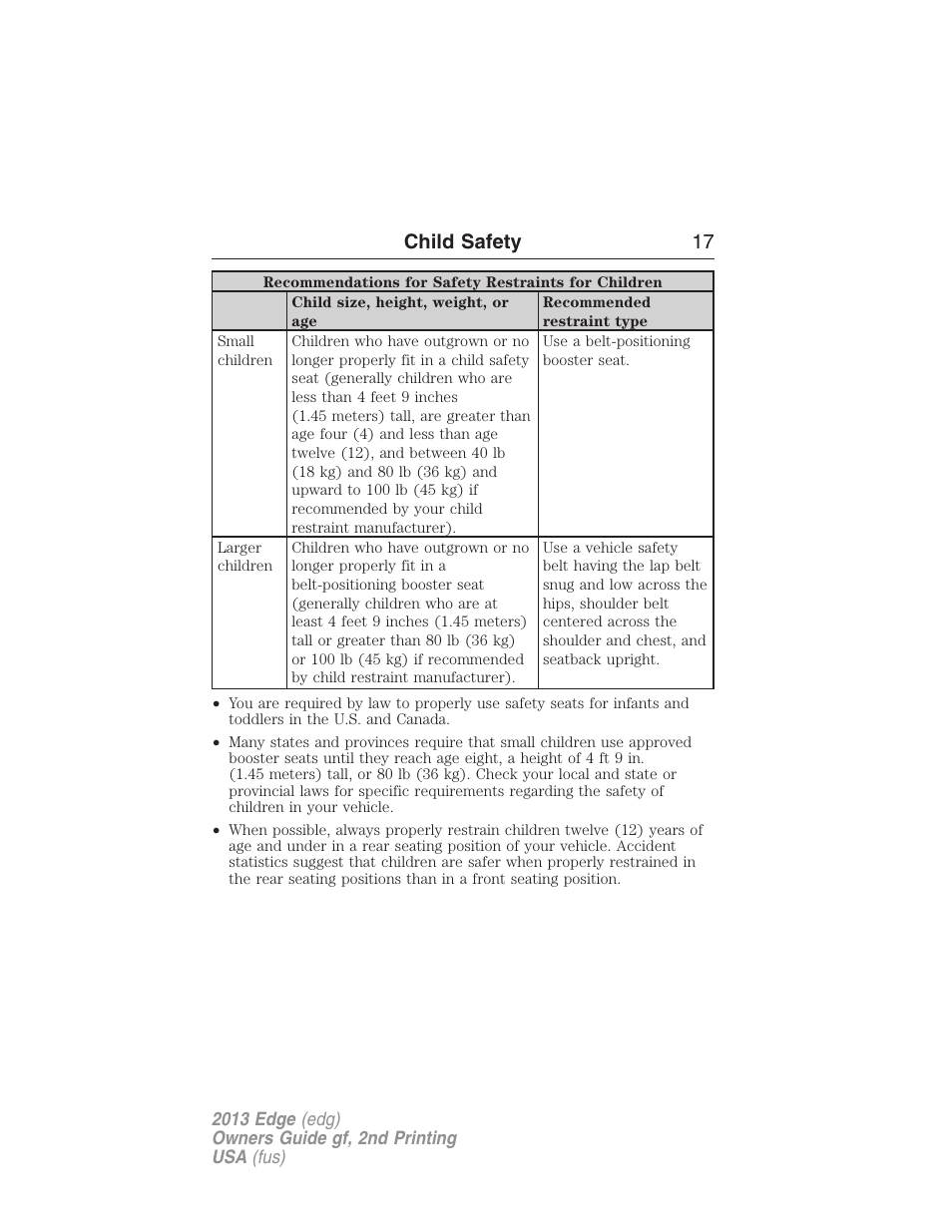 Child safety 17 | FORD 2013 Edge v.2 User Manual | Page 17 / 513