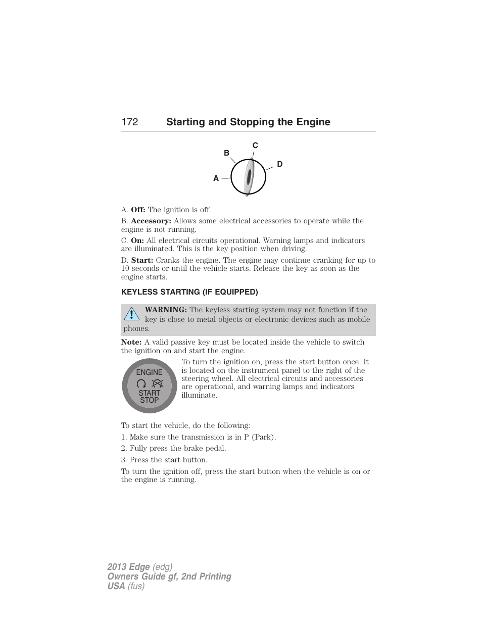Keyless starting (if equipped), 172 starting and stopping the engine | FORD 2013 Edge v.2 User Manual | Page 172 / 513