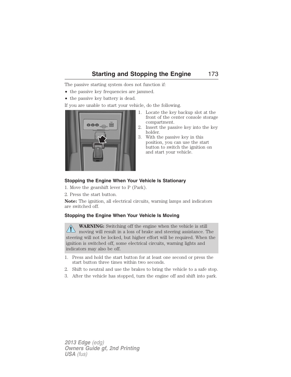 Stopping the engine when your vehicle is moving, Starting and stopping the engine 173 | FORD 2013 Edge v.2 User Manual | Page 173 / 513