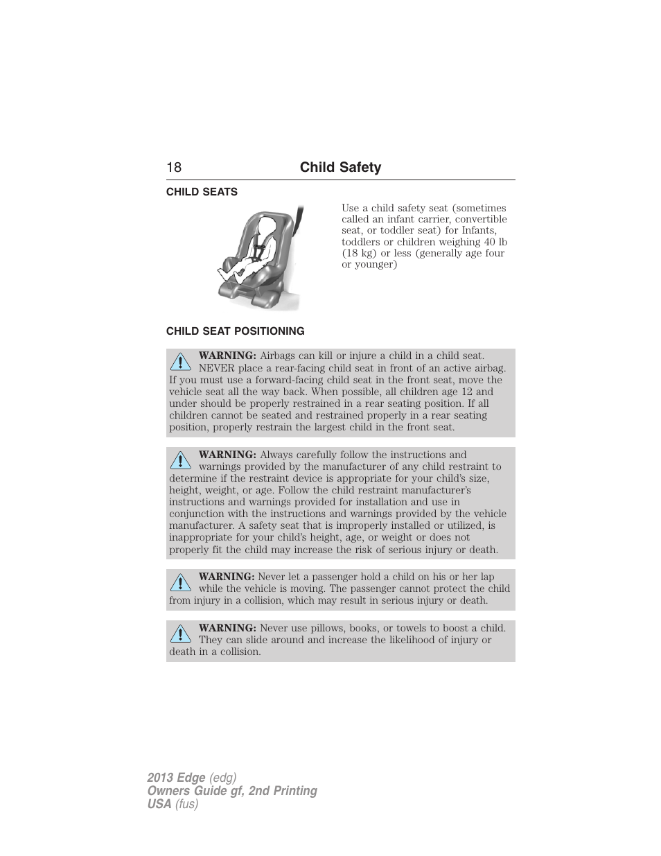 Child seats, Child seat positioning, 18 child safety | FORD 2013 Edge v.2 User Manual | Page 18 / 513