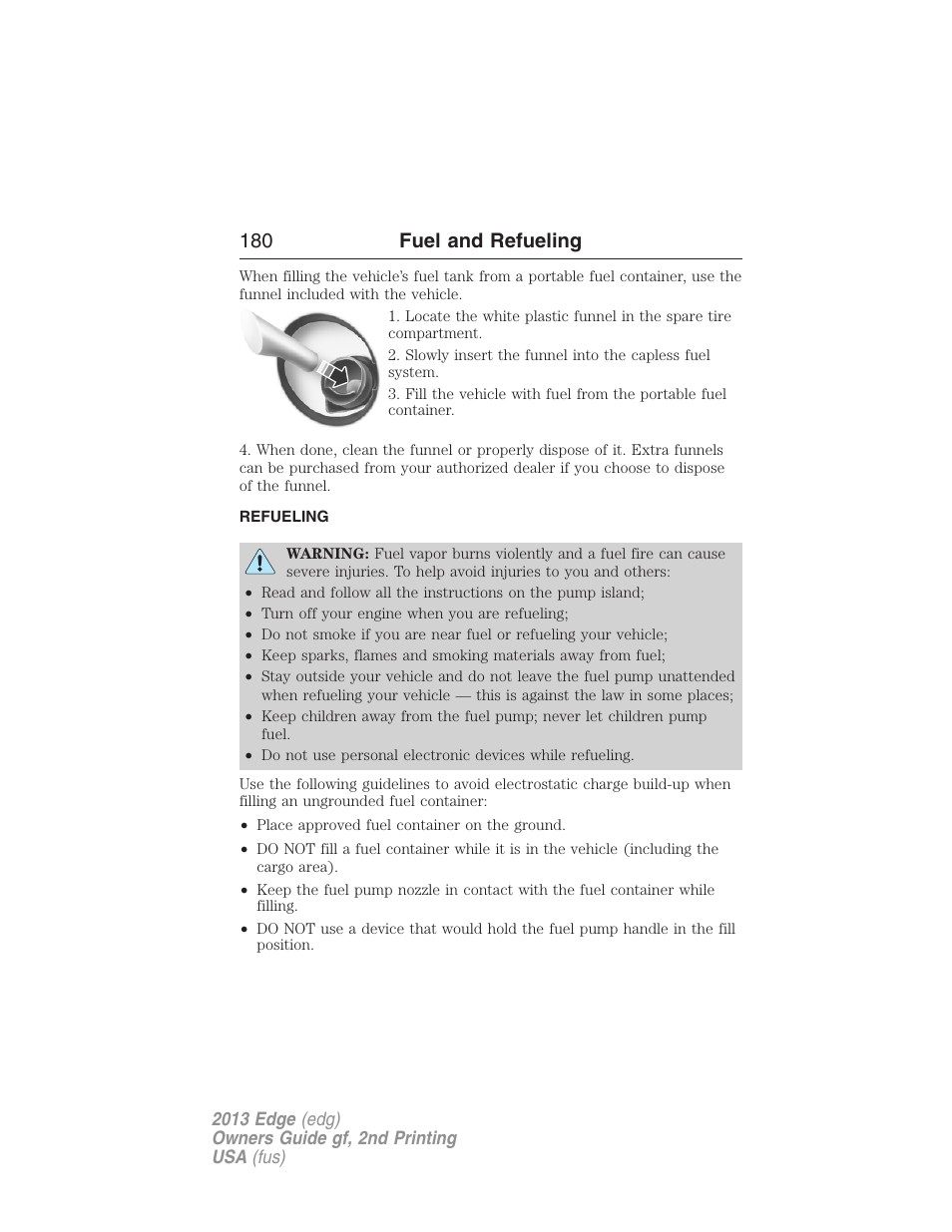 Refueling, 180 fuel and refueling | FORD 2013 Edge v.2 User Manual | Page 180 / 513