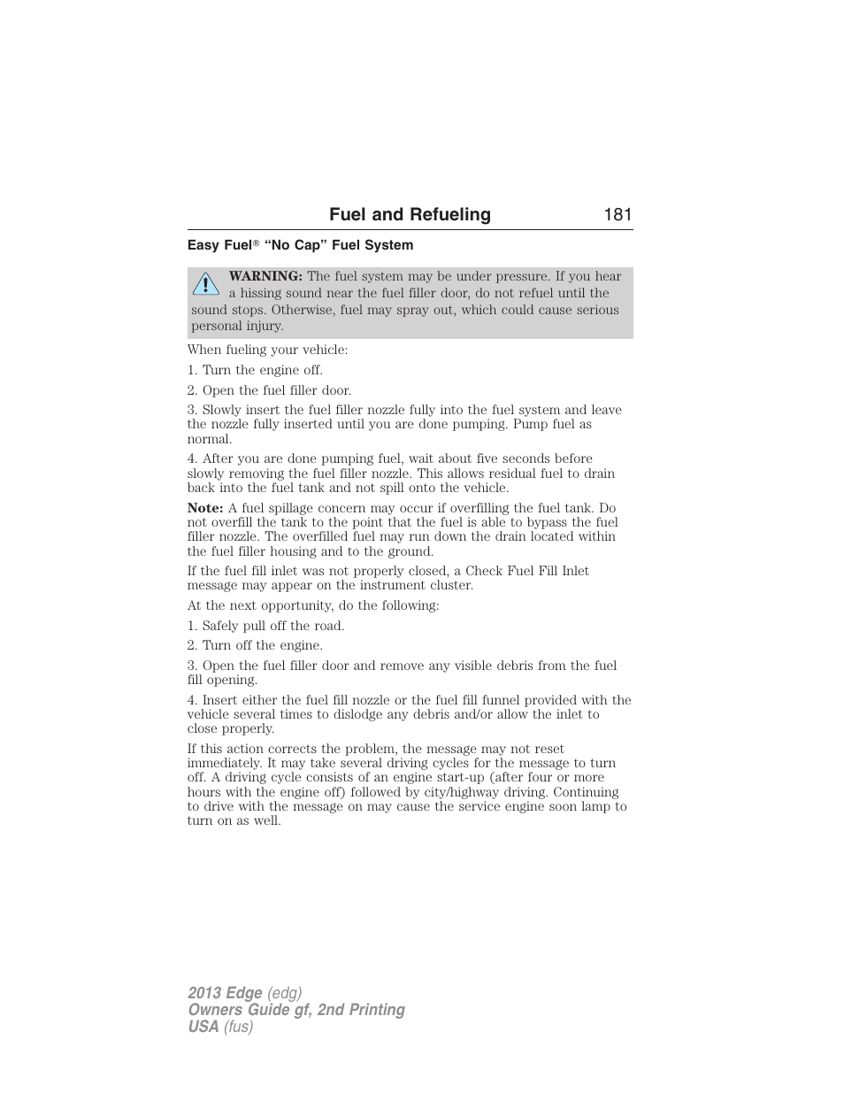 Easy fuel? “no cap” fuel system, Fuel and refueling 181 | FORD 2013 Edge v.2 User Manual | Page 181 / 513
