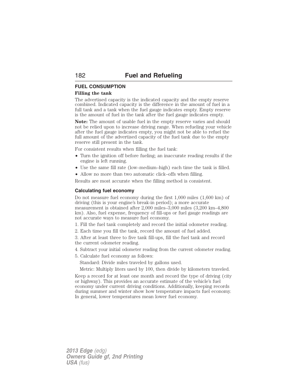 Fuel consumption, Calculating fuel economy, 182 fuel and refueling | FORD 2013 Edge v.2 User Manual | Page 182 / 513