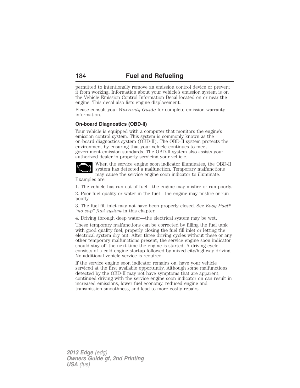 On-board diagnostics (obd-ii), 184 fuel and refueling | FORD 2013 Edge v.2 User Manual | Page 184 / 513