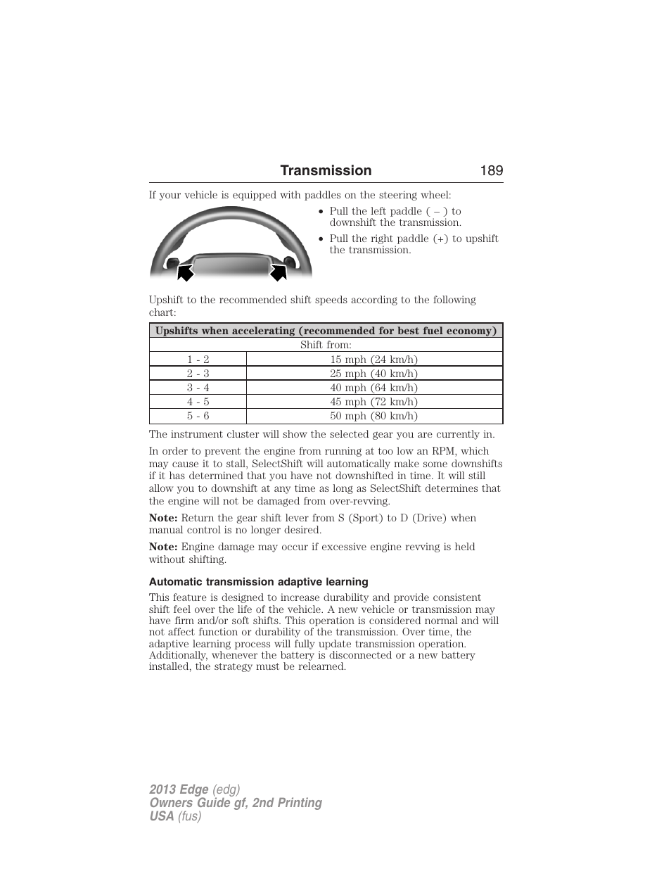 Automatic transmission adaptive learning, Transmission 189 | FORD 2013 Edge v.2 User Manual | Page 189 / 513