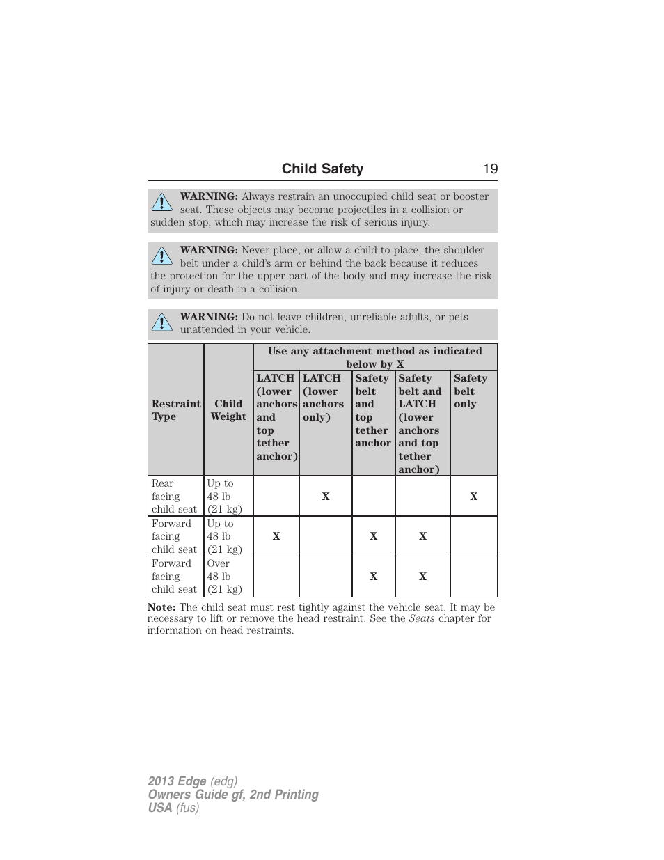 Child safety 19 | FORD 2013 Edge v.2 User Manual | Page 19 / 513