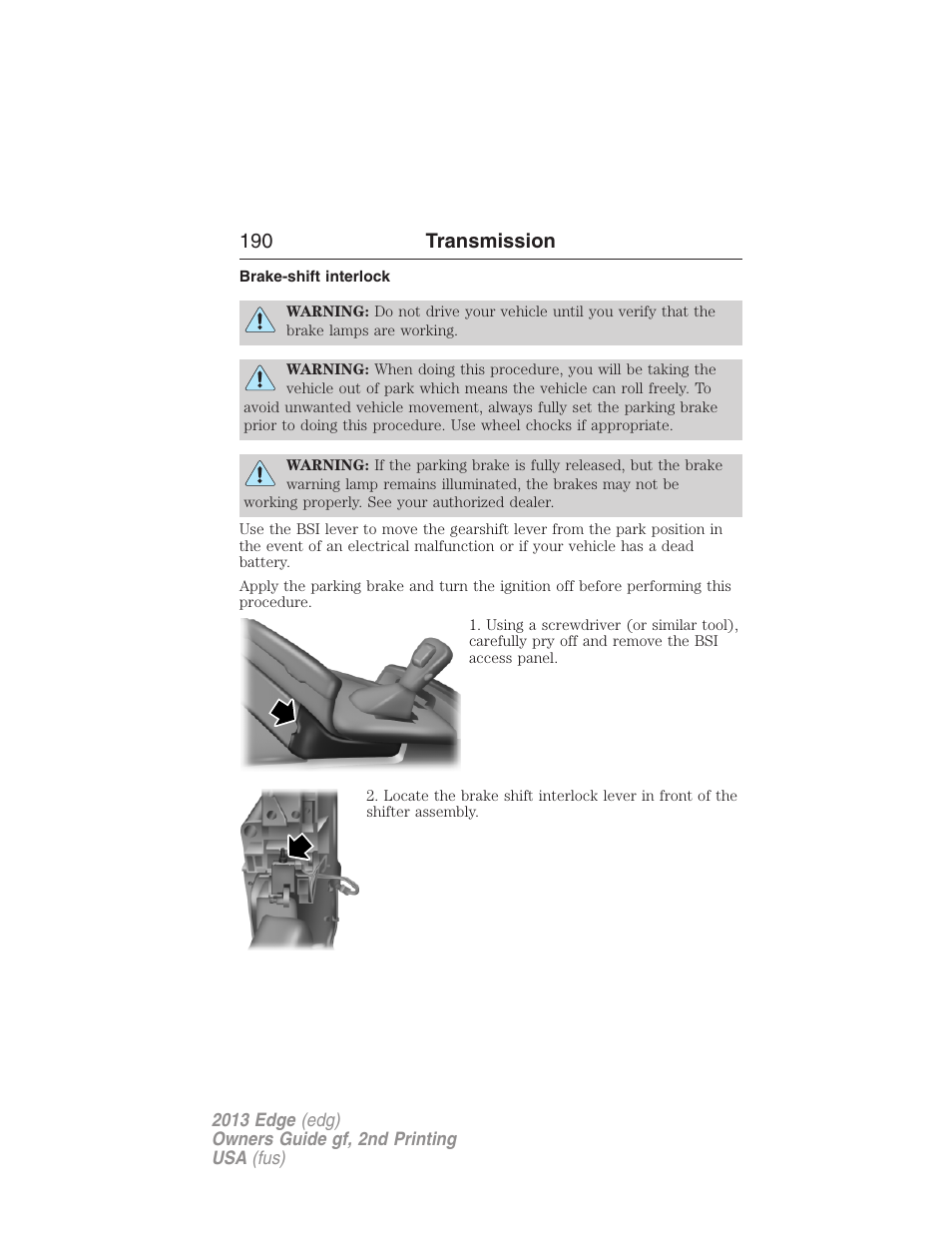 Brake-shift interlock, 190 transmission | FORD 2013 Edge v.2 User Manual | Page 190 / 513