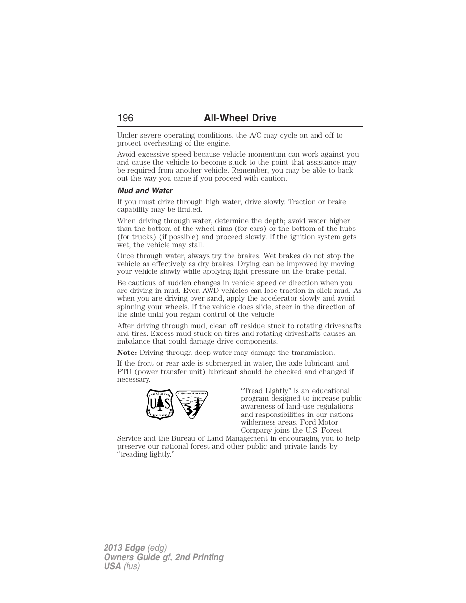 Mud and water, 196 all-wheel drive | FORD 2013 Edge v.2 User Manual | Page 196 / 513