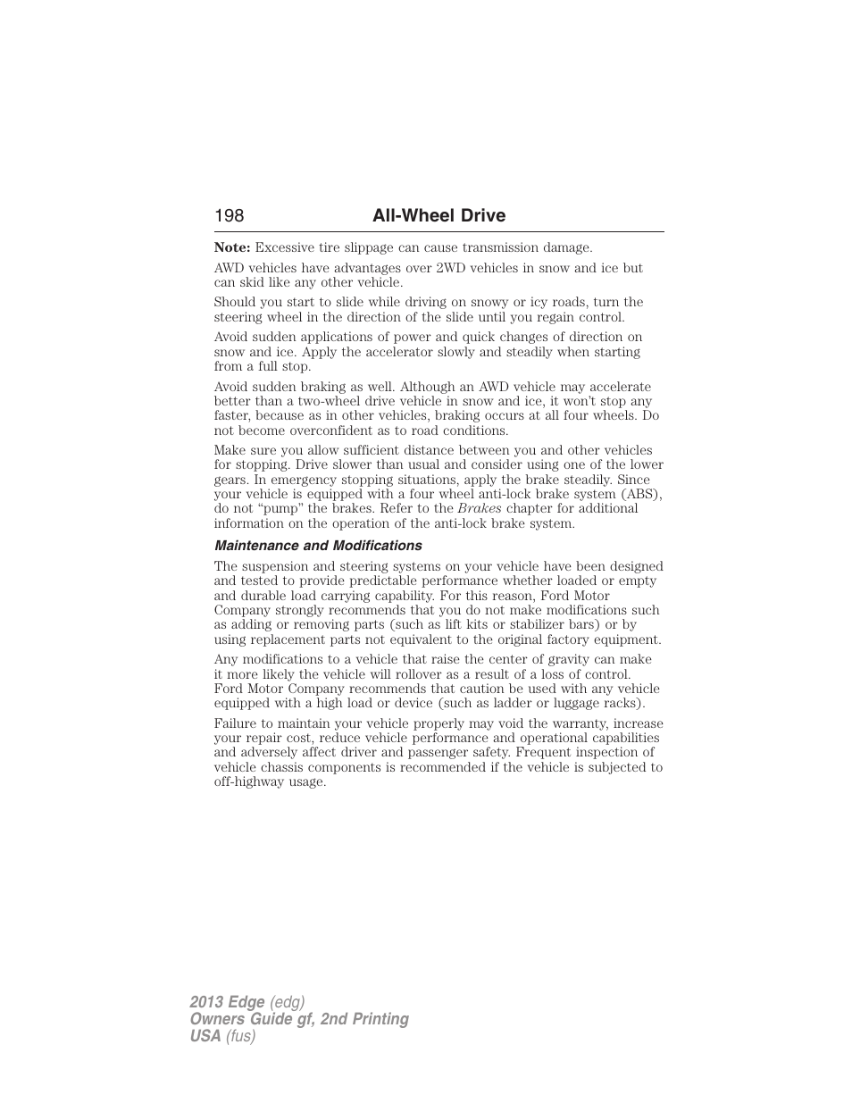 Maintenance and modifications, 198 all-wheel drive | FORD 2013 Edge v.2 User Manual | Page 198 / 513