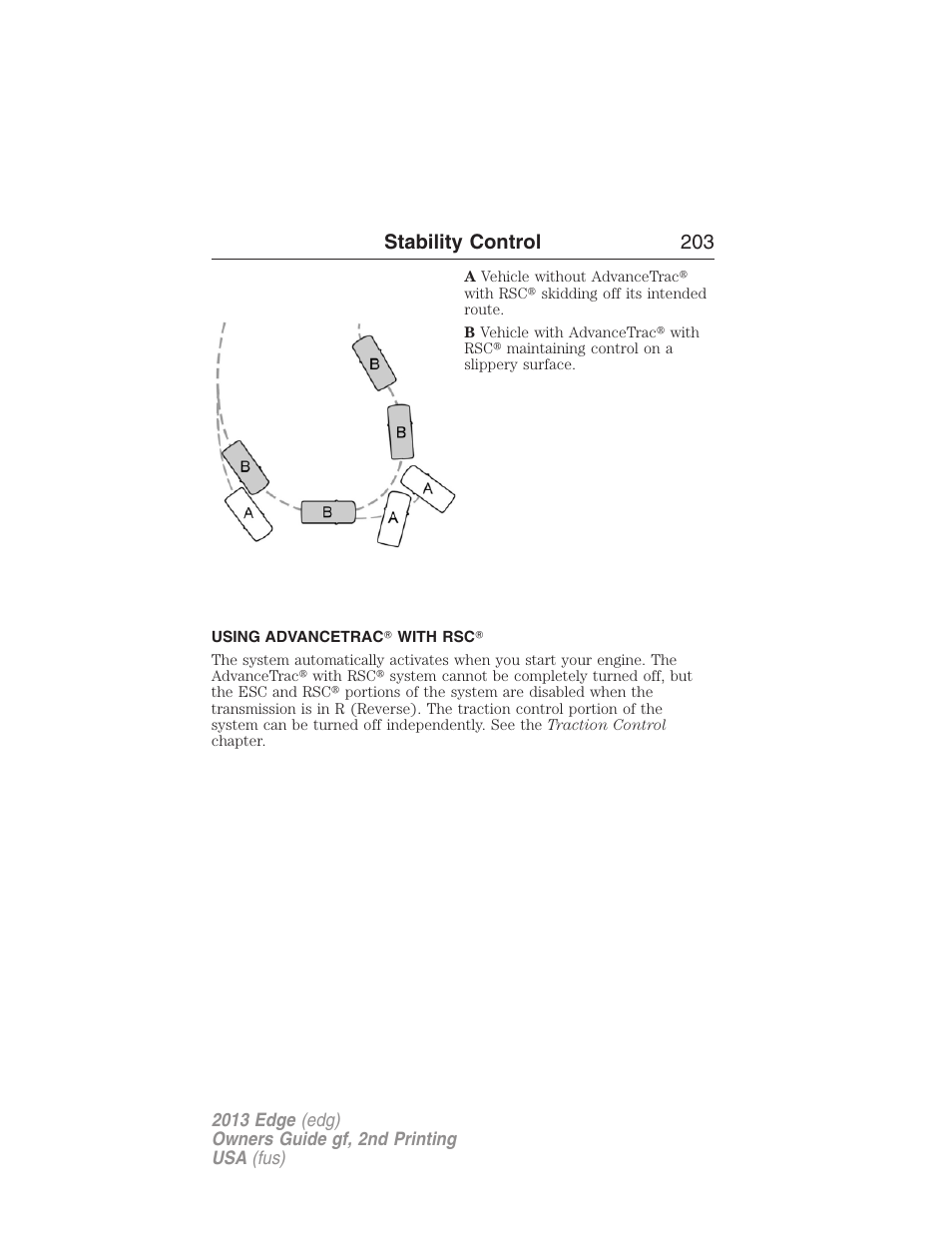 Using advancetrac? with rsc, Stability control 203 | FORD 2013 Edge v.2 User Manual | Page 203 / 513