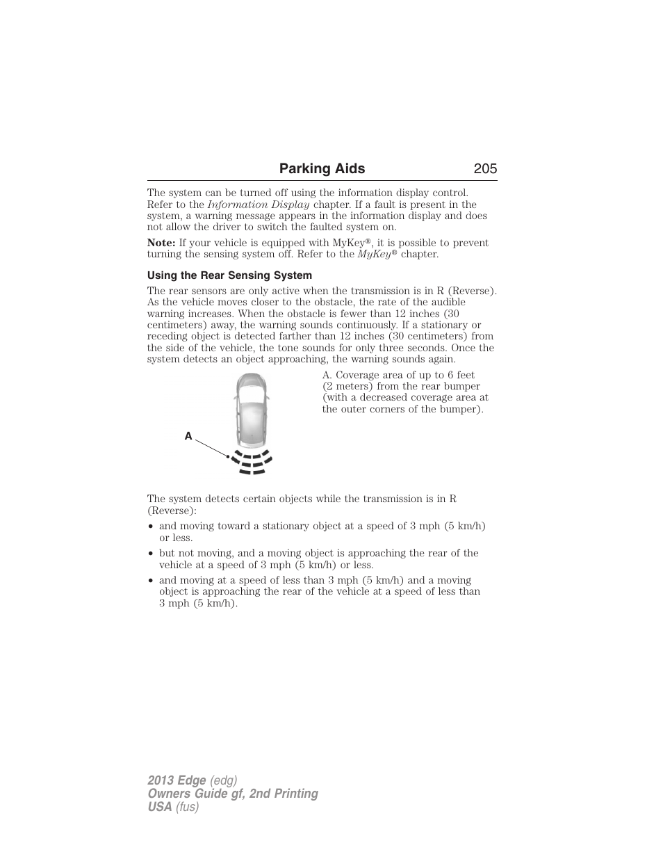 Using the rear sensing system, Parking aids 205 | FORD 2013 Edge v.2 User Manual | Page 205 / 513