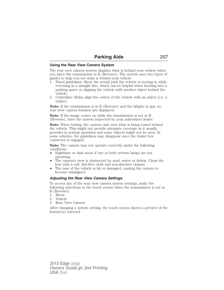 Using the rear view camera system, Adjusting the rear view camera settings, Parking aids 207 | FORD 2013 Edge v.2 User Manual | Page 207 / 513
