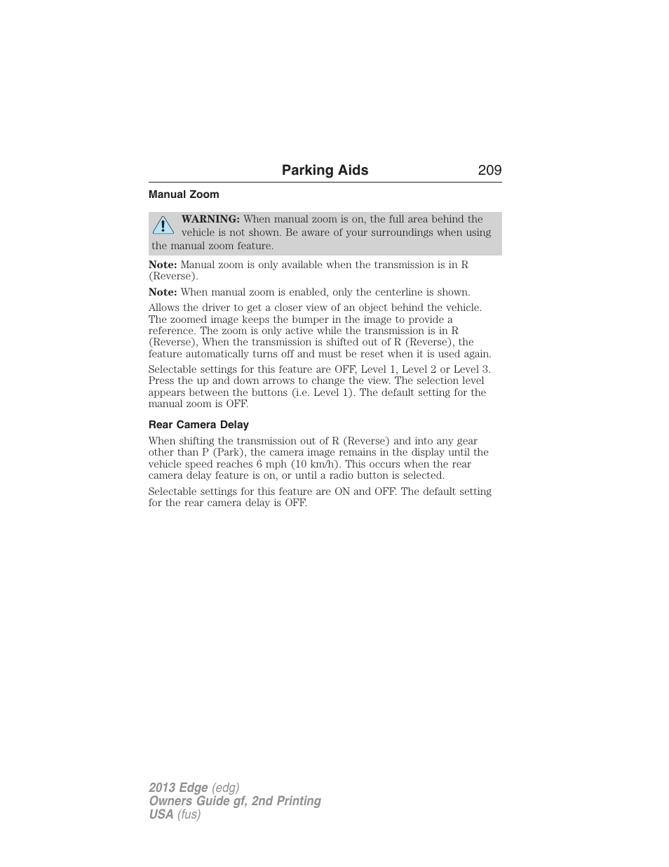 Manual zoom, Rear camera delay, Parking aids 209 | FORD 2013 Edge v.2 User Manual | Page 209 / 513