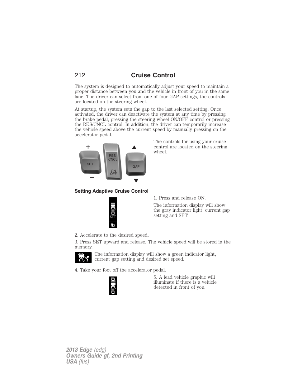 Setting adaptive cruise control, 212 cruise control | FORD 2013 Edge v.2 User Manual | Page 212 / 513