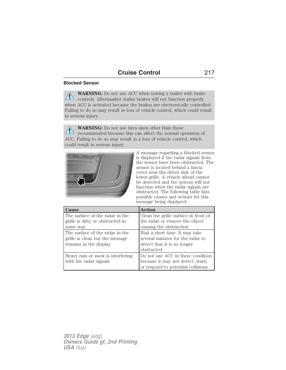 Blocked sensor, Cruise control 217 | FORD 2013 Edge v.2 User Manual | Page 217 / 513
