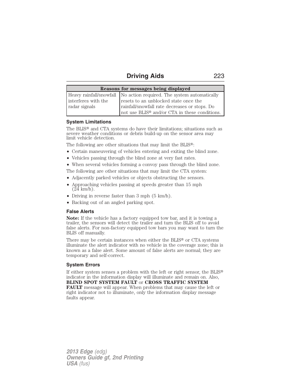 System limitations, False alerts, System errors | Driving aids 223 | FORD 2013 Edge v.2 User Manual | Page 223 / 513