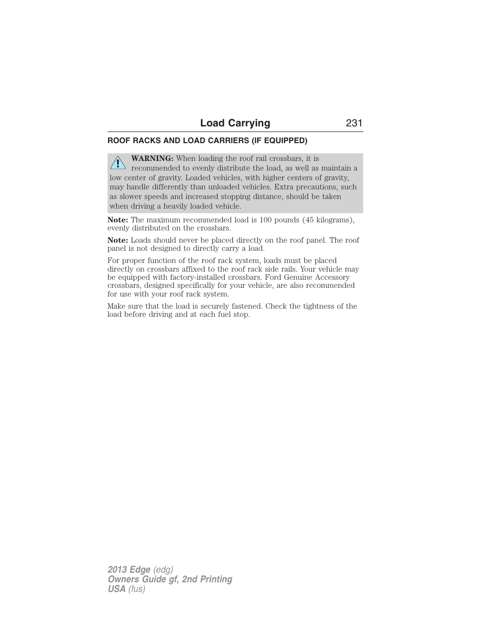 Roof racks and load carriers (if equipped), Roof racks and load carriers, Load carrying 231 | FORD 2013 Edge v.2 User Manual | Page 231 / 513