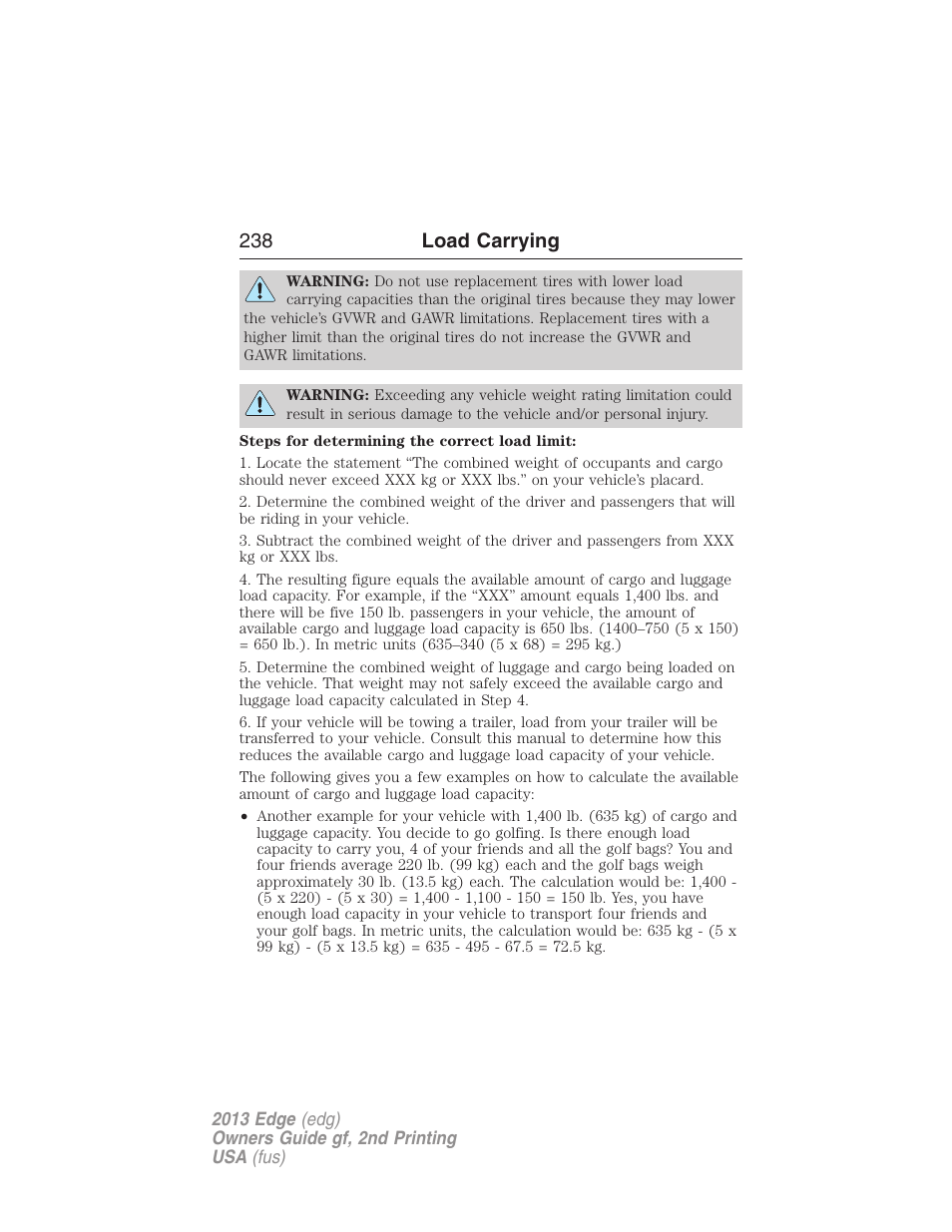 238 load carrying | FORD 2013 Edge v.2 User Manual | Page 238 / 513