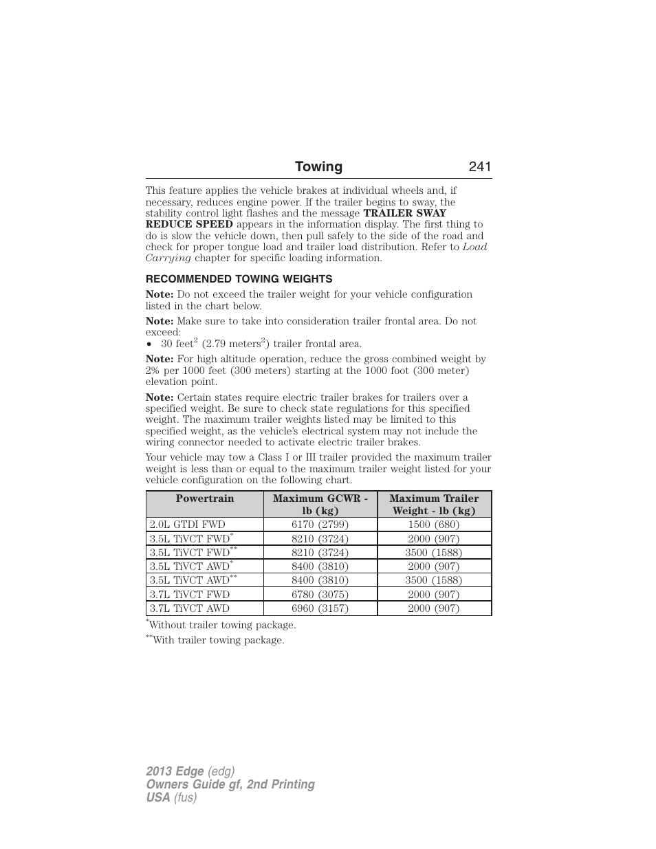 Recommended towing weights, Towing 241 | FORD 2013 Edge v.2 User Manual | Page 241 / 513