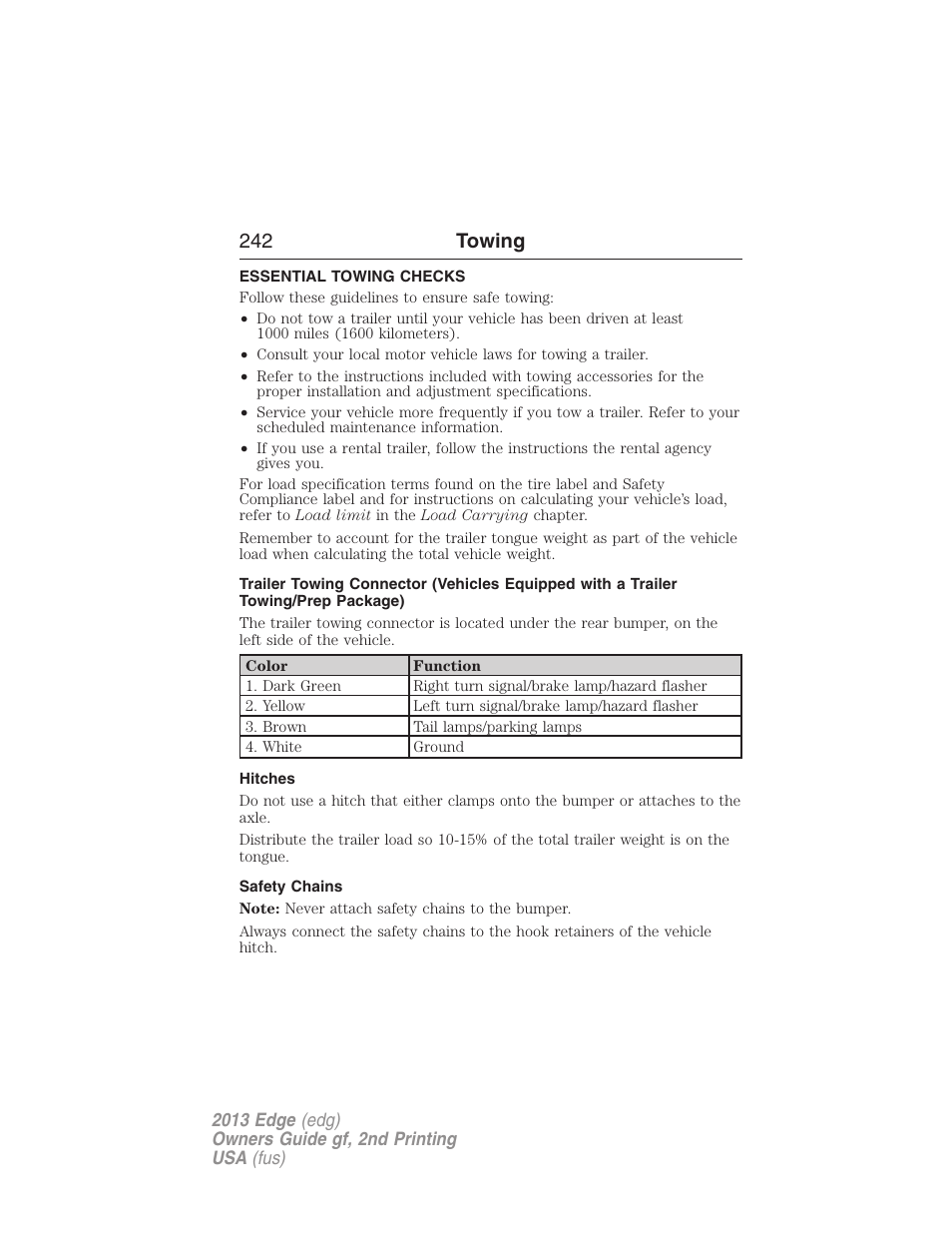 Essential towing checks, Hitches, Safety chains | 242 towing | FORD 2013 Edge v.2 User Manual | Page 242 / 513
