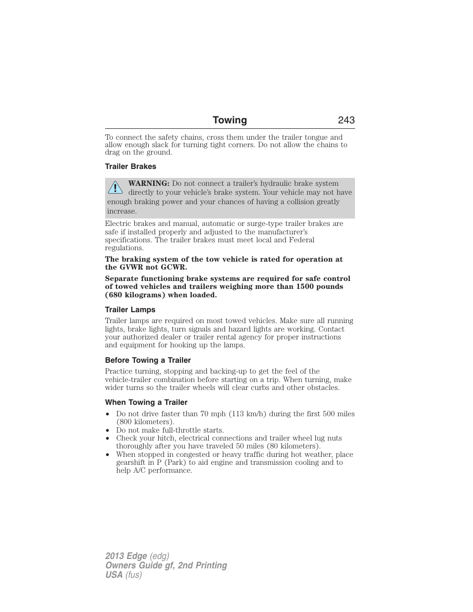Trailer brakes, Trailer lamps, Before towing a trailer | When towing a trailer, Towing 243 | FORD 2013 Edge v.2 User Manual | Page 243 / 513