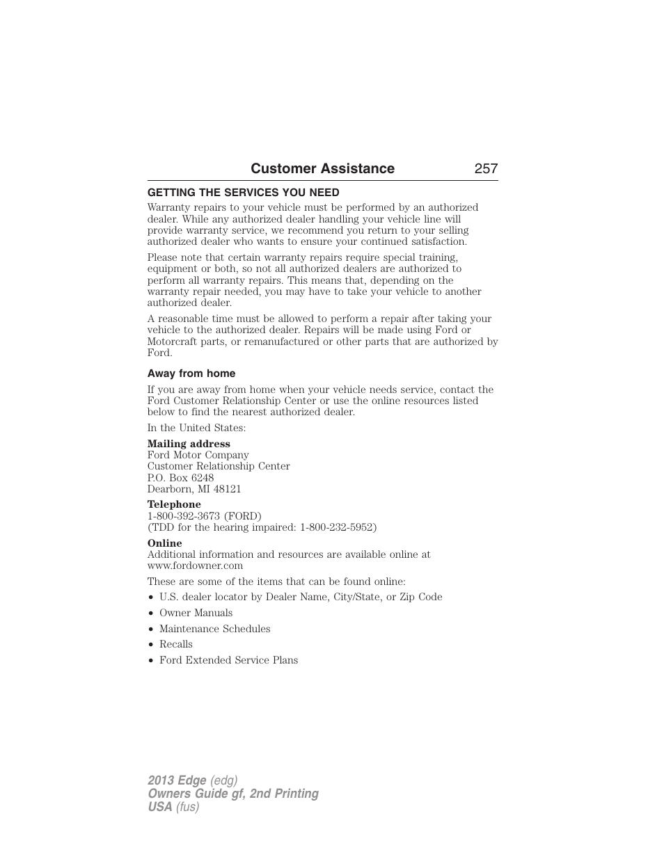 Customer assistance, Getting the services you need, Away from home | Customer assistance 257 | FORD 2013 Edge v.2 User Manual | Page 257 / 513