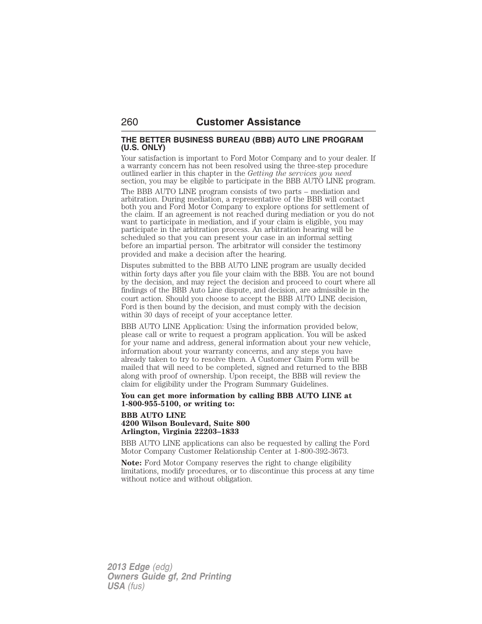260 customer assistance | FORD 2013 Edge v.2 User Manual | Page 260 / 513