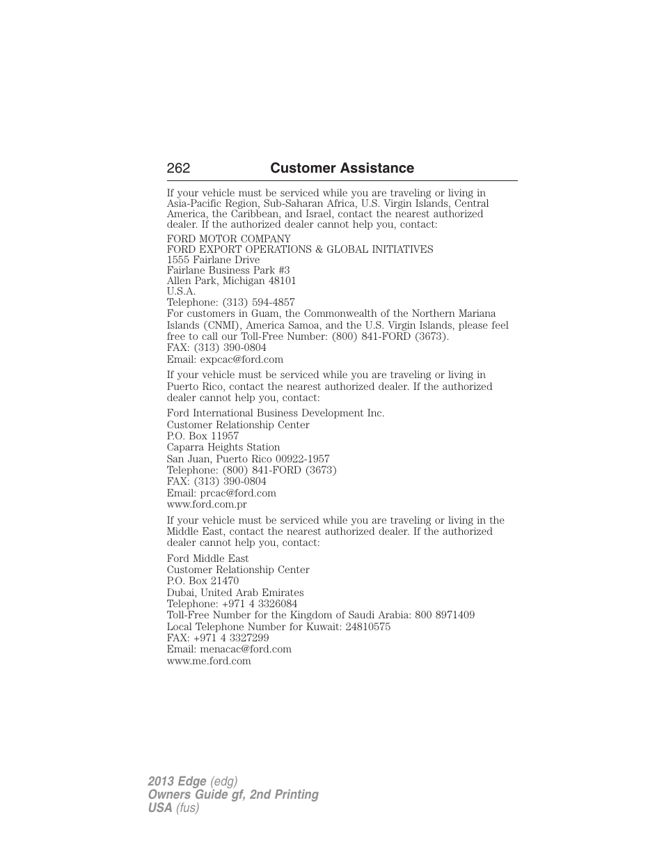 262 customer assistance | FORD 2013 Edge v.2 User Manual | Page 262 / 513