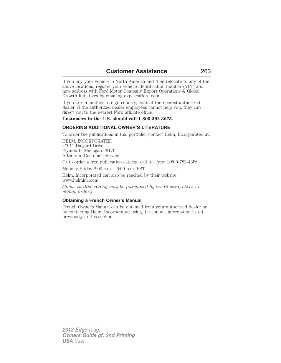 Ordering additional owner’s literature, Obtaining a french owner’s manual, Customer assistance 263 | FORD 2013 Edge v.2 User Manual | Page 263 / 513