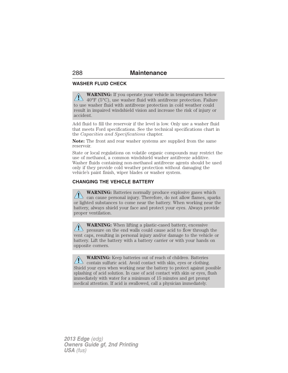 Washer fluid check, Changing the vehicle battery, 288 maintenance | FORD 2013 Edge v.2 User Manual | Page 288 / 513