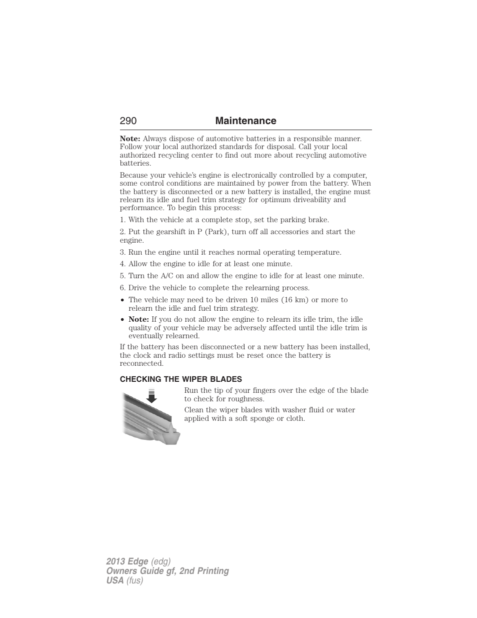 Checking the wiper blades, 290 maintenance | FORD 2013 Edge v.2 User Manual | Page 290 / 513