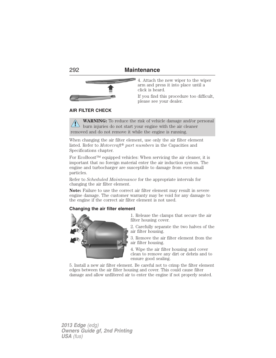 Air filter check, Changing the air filter element, Air filter(s) | 292 maintenance | FORD 2013 Edge v.2 User Manual | Page 292 / 513