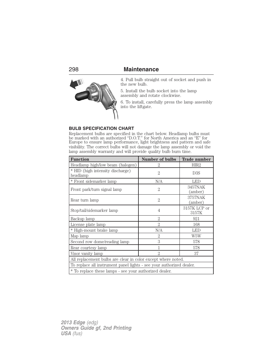 Bulb specification chart, 298 maintenance | FORD 2013 Edge v.2 User Manual | Page 298 / 513