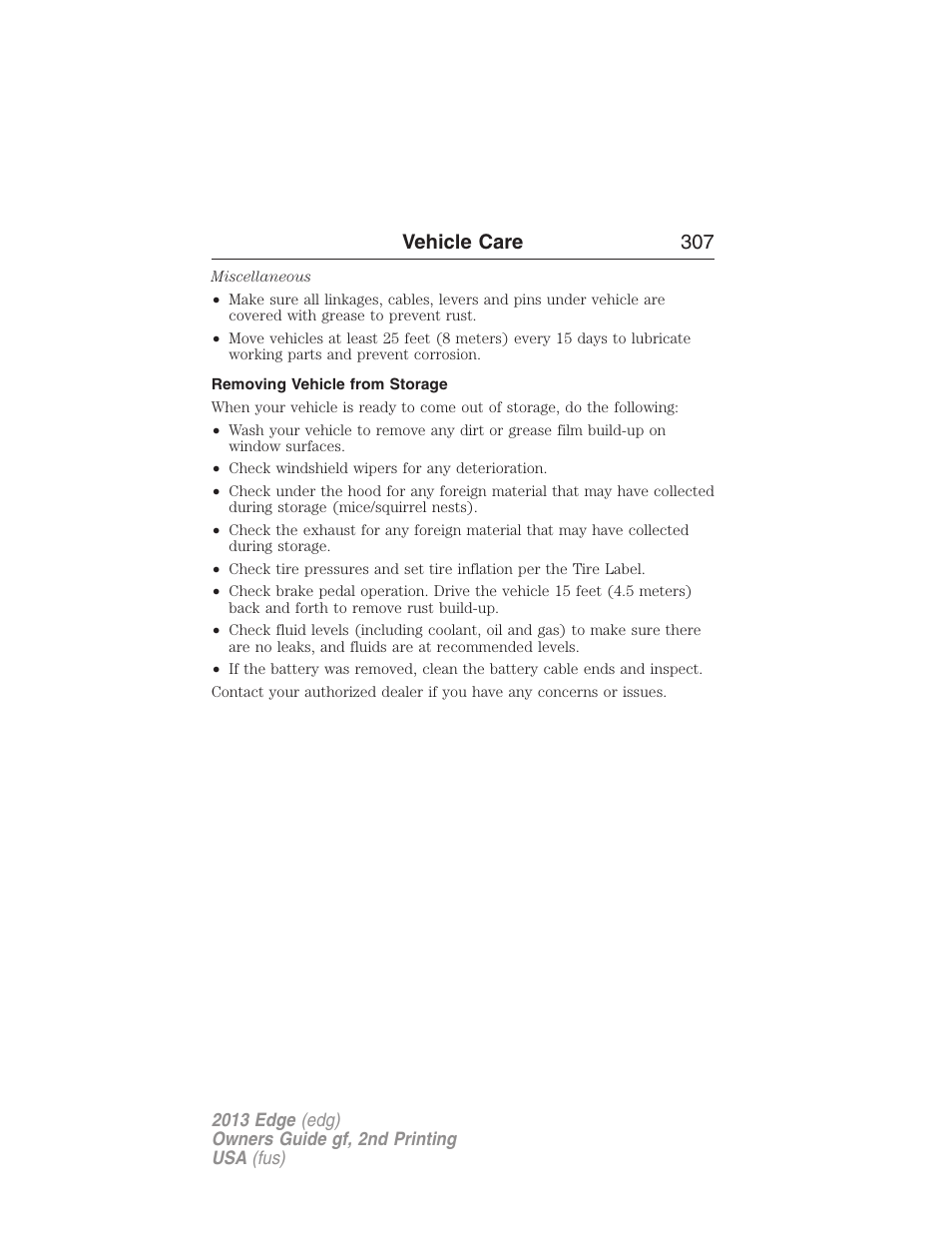 Removing vehicle from storage, Vehicle care 307 | FORD 2013 Edge v.2 User Manual | Page 307 / 513