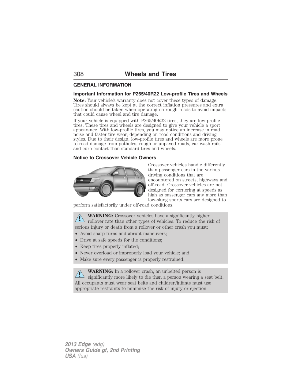 Wheels and tires, General information, Notice to crossover vehicle owners | 308 wheels and tires | FORD 2013 Edge v.2 User Manual | Page 308 / 513