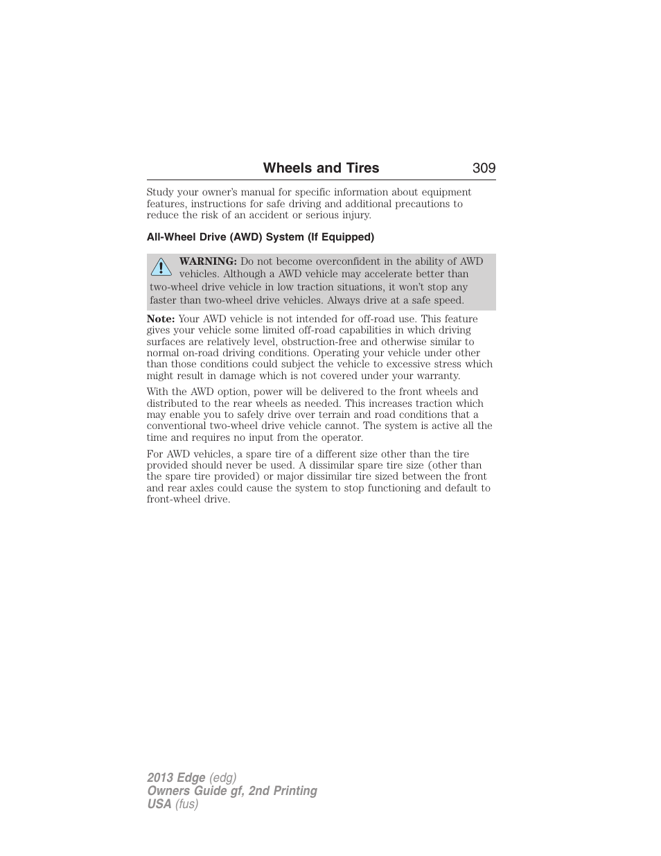 All-wheel drive (awd) system (if equipped), Wheels and tires 309 | FORD 2013 Edge v.2 User Manual | Page 309 / 513